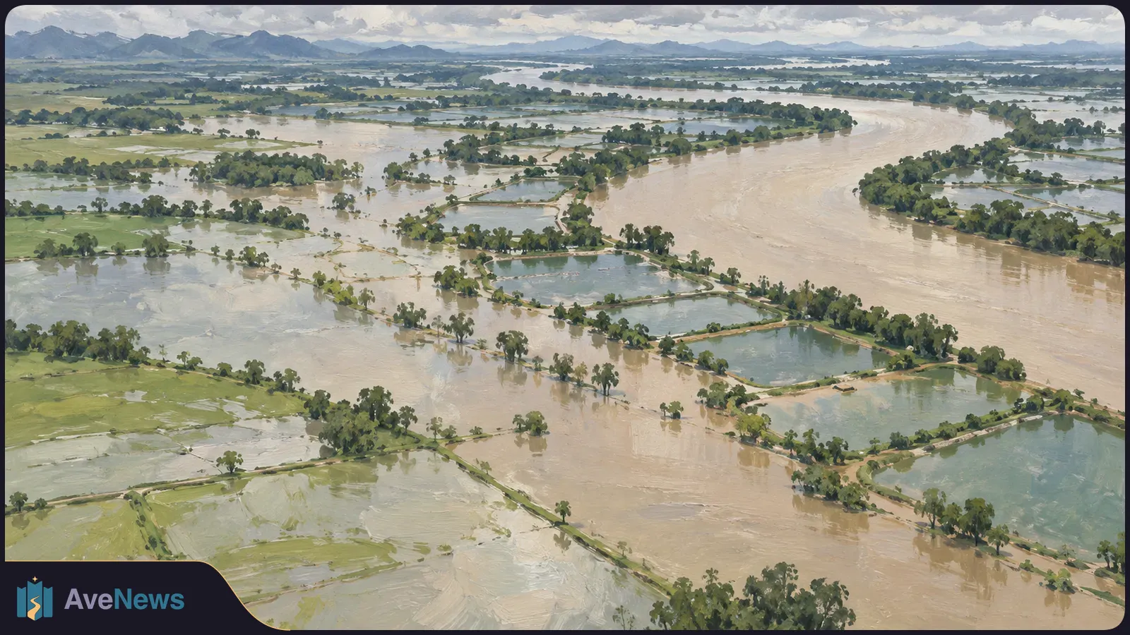 A painterly aerial view of a broad muddy river beside flooded fields and rectangular ponds, with scattered trees and distant mountains under clouds. SI illustration
