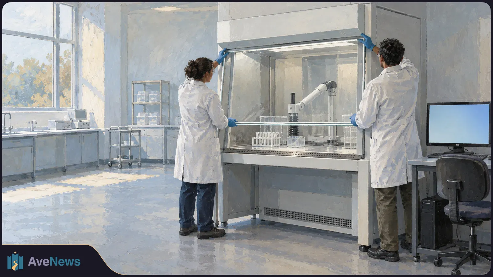 Painterly illustration of two lab workers in white coats and blue gloves holding open a glass-fronted laboratory cabinet. Test tubes and equipment sit inside; a blank monitor stands nearby. SI illustration