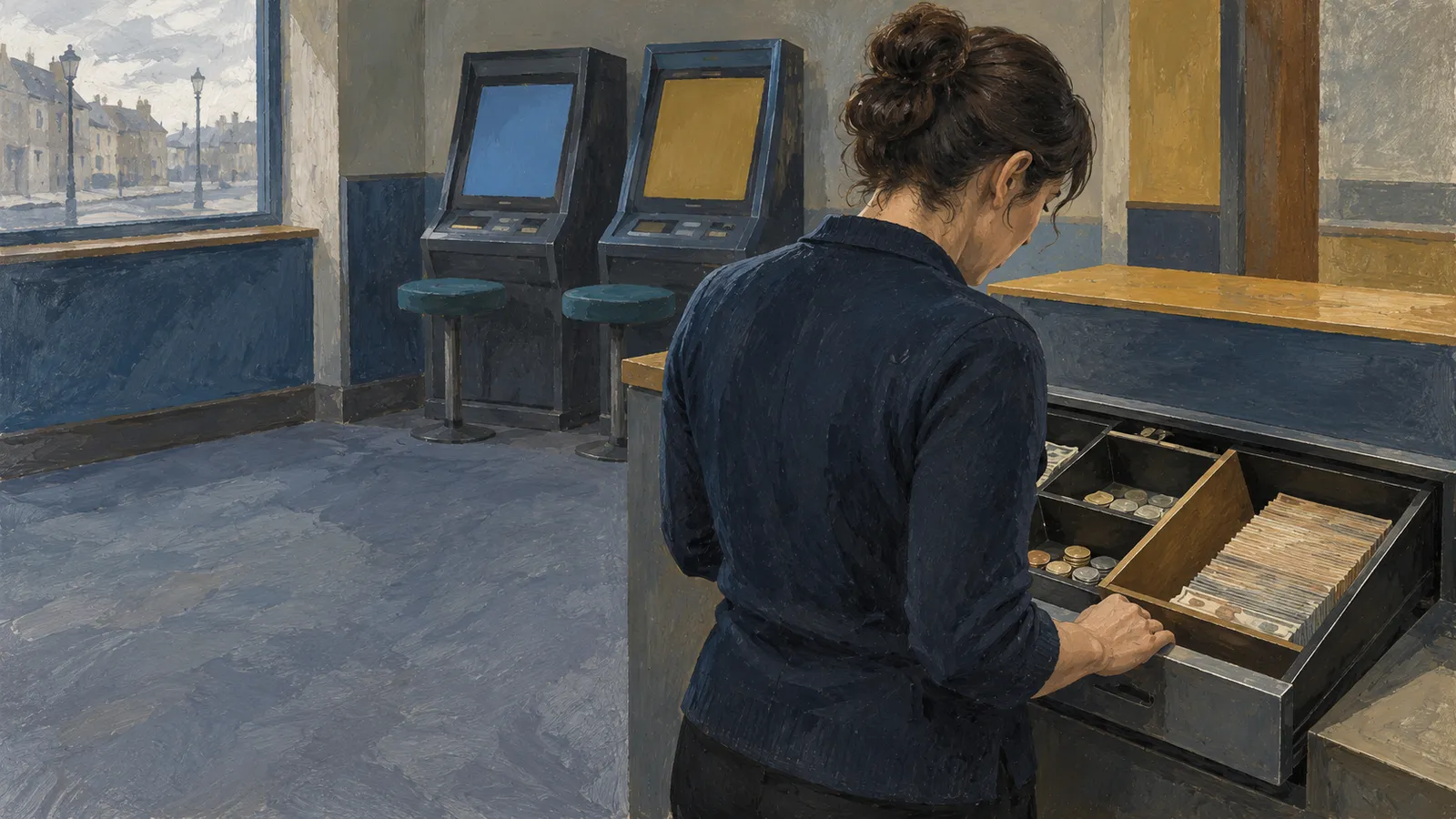 A painted scene of a woman standing at an open cash drawer filled with notes and coins, with two gaming machines and stools behind her. SI illustration