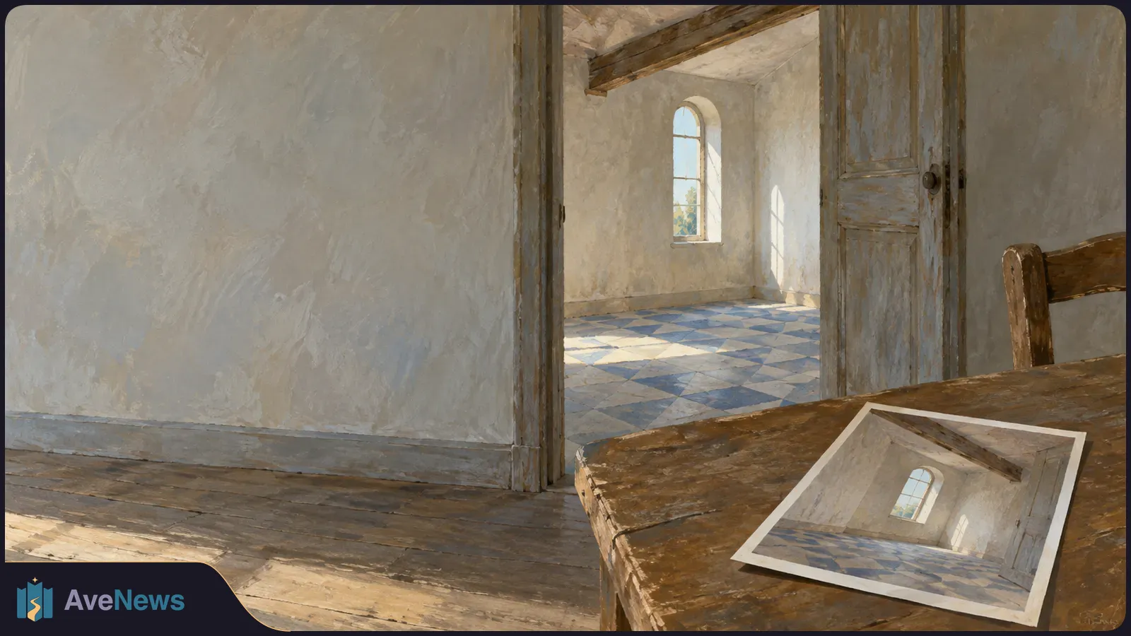 Painterly view through a doorway into a sunlit, empty tiled room. A print showing the same room lies on a wooden table. SI illustration