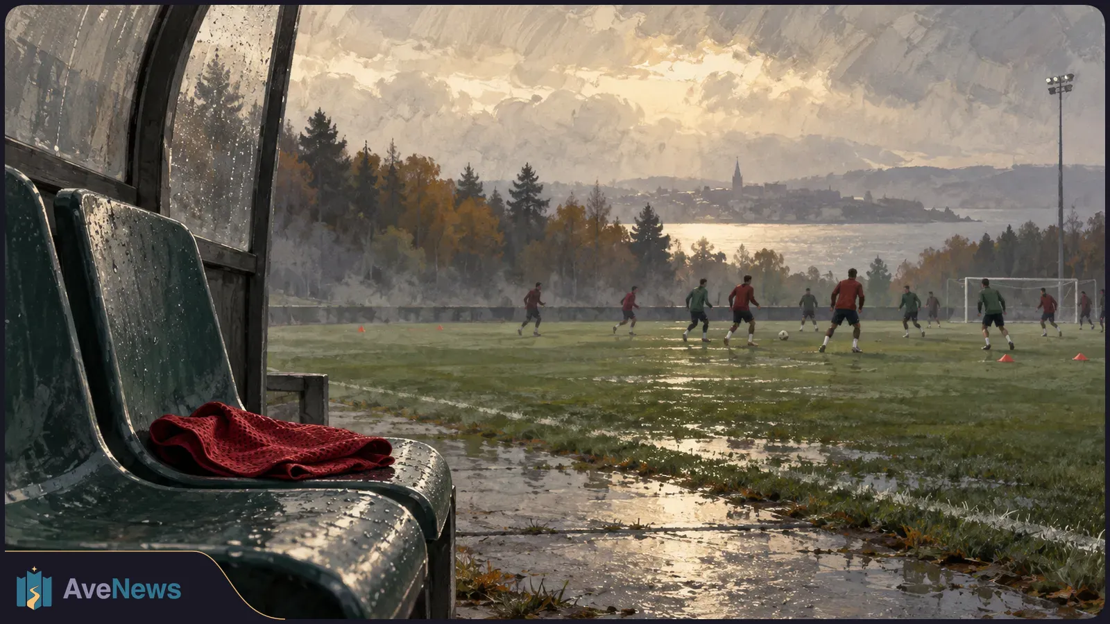 A red training bib lies on a rain-speckled sideline seat while players in red and green practice on a wet soccer field beneath a cloudy sky. SI illustration