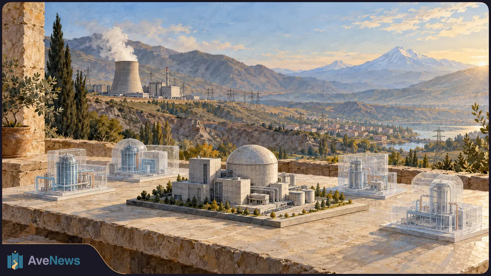 Illustration of nuclear plant models on a stone terrace, with a steaming cooling tower, power lines, a lakeside town and snow-capped mountains beyond. SI illustration