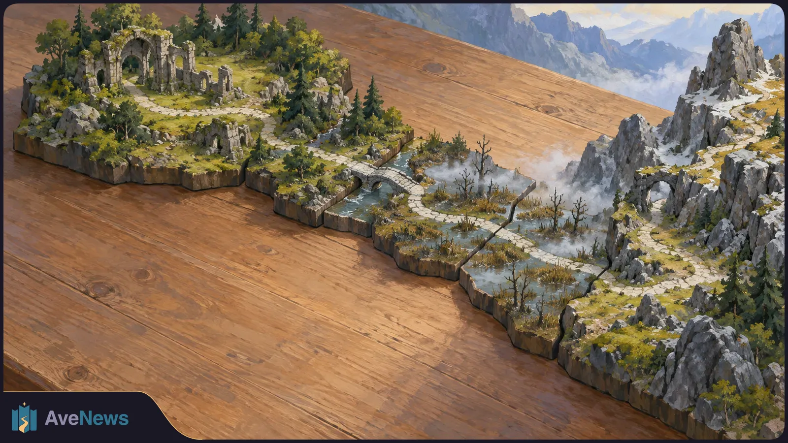 Illustrated fantasy terrain sections on a wooden table: a stone path runs from wooded ruins across a misty marsh to rocky mountains. SI illustration