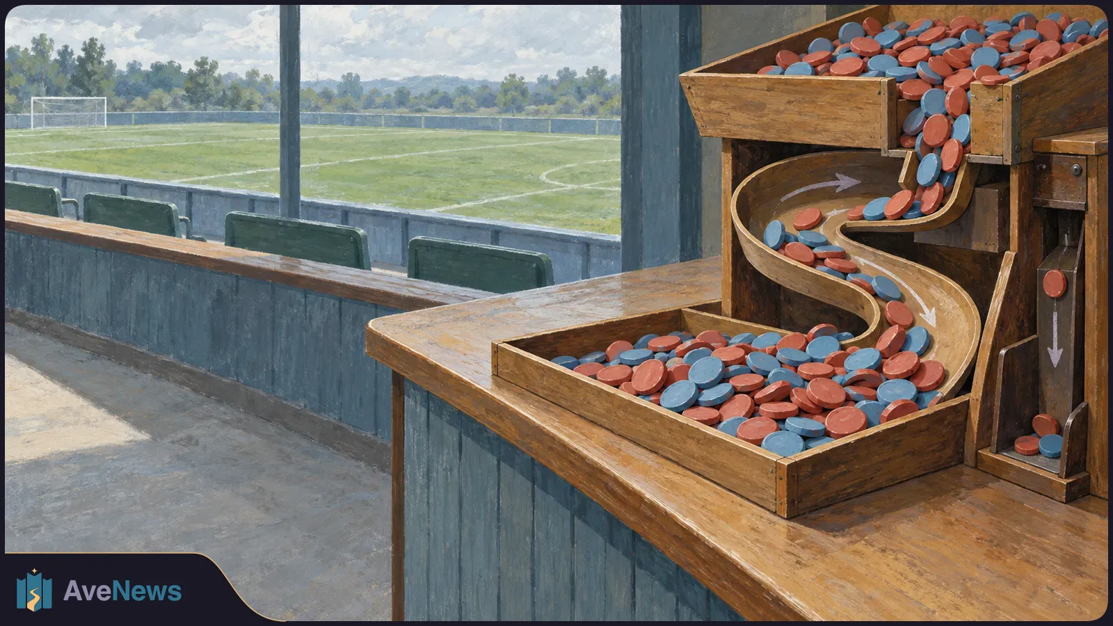 A painted football field beside a wooden chute carrying red and blue discs from an upper tray to a lower tray; a few discs sit in a narrow side channel. SI illustration