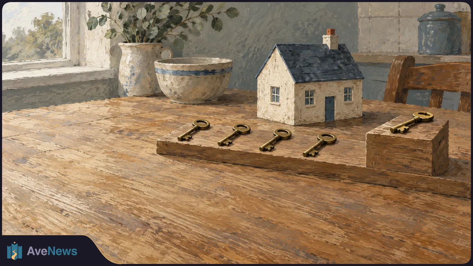 Painterly illustration of a small model house on a wooden table, with four brass keys in a row and a fifth key raised on a wooden block. SI illustration