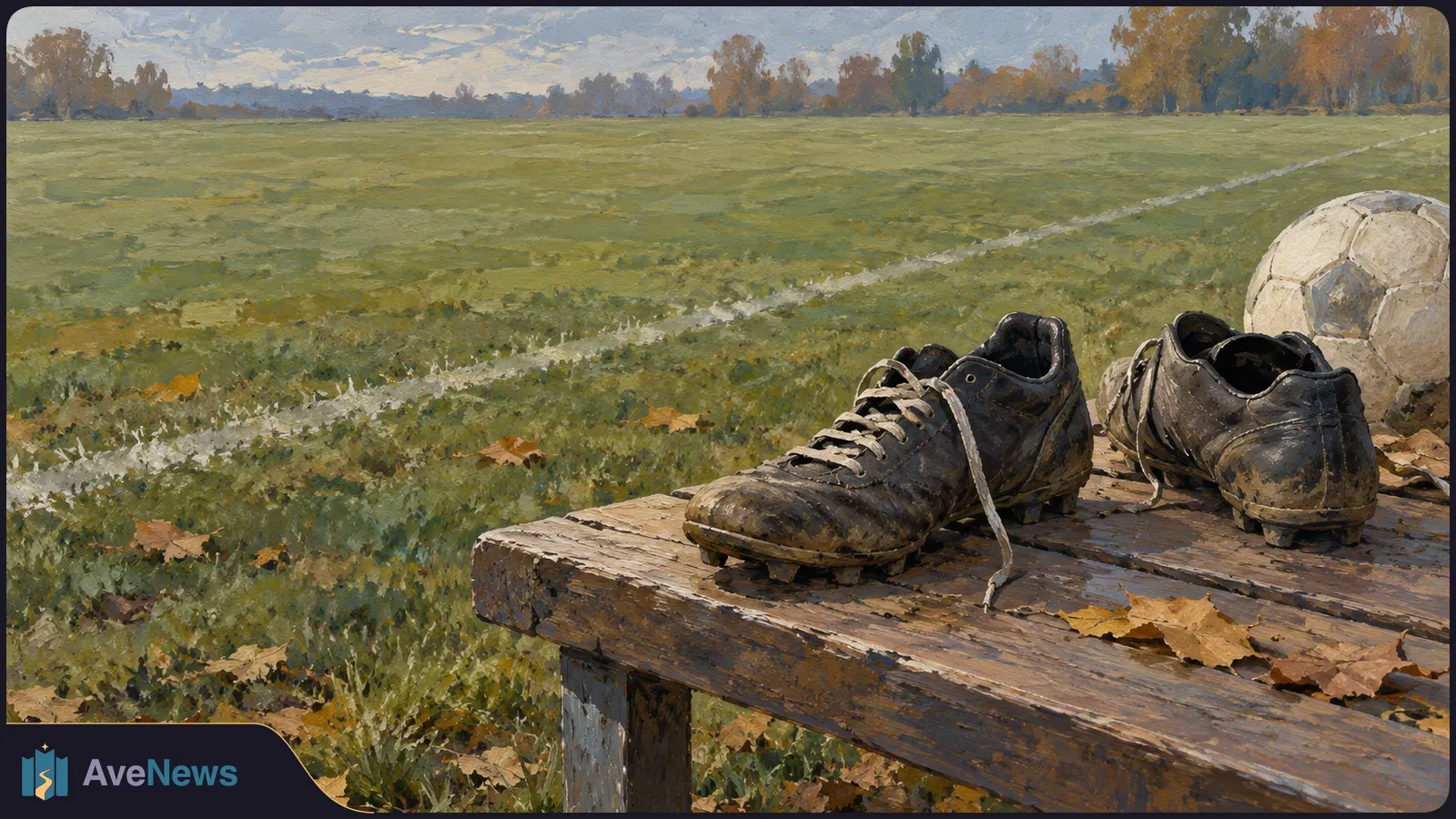 Painted scene of two muddy football boots and a ball on a wooden bench beside a grassy pitch, with autumn trees in the distance. SI illustration