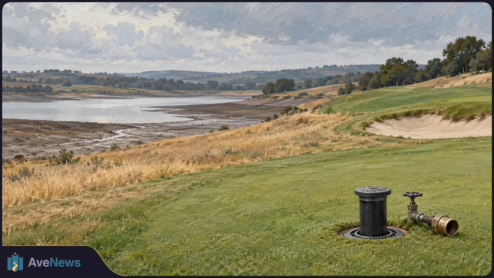 Painted landscape of a grassy golf course beside a low reservoir with exposed muddy banks; an irrigation head and valve sit in the foreground under a cloudy sky. SI illustration