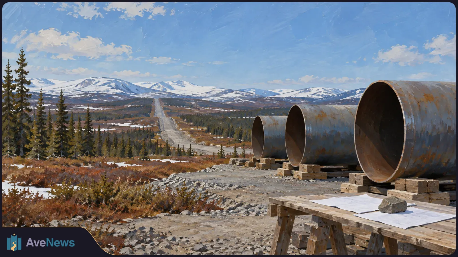 Three large metal pipe sections rest on wooden supports beside a gravel road winding through forest toward snow-covered mountains. White sheets lie on a worktable in the foreground. SI illustration