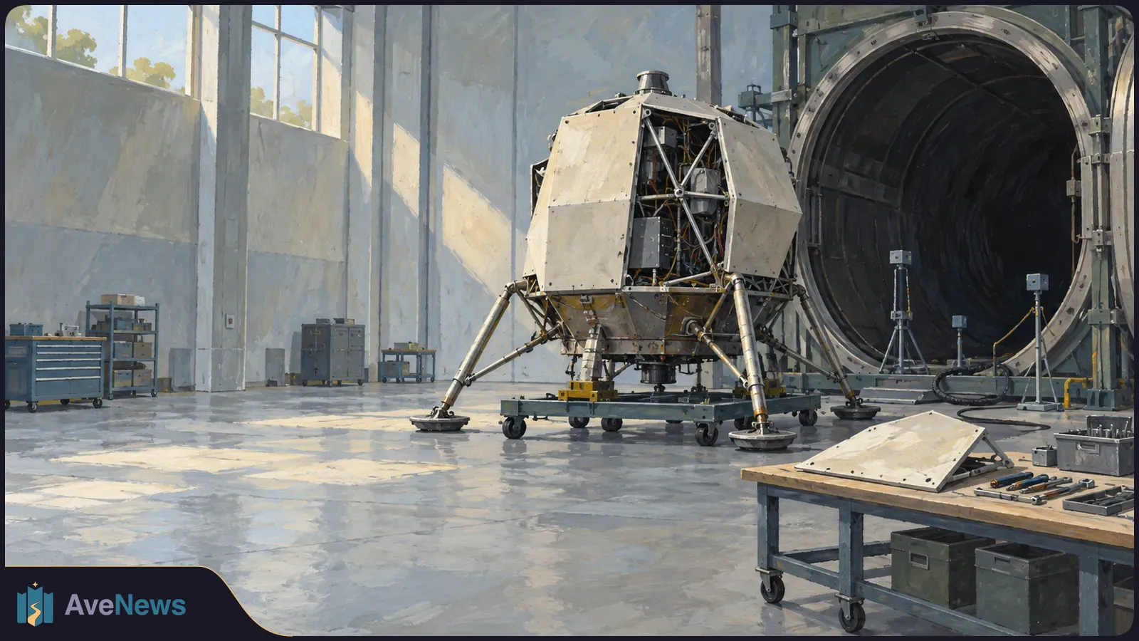 A boxy lunar lander stands on a wheeled platform beside a large cylindrical chamber in a workshop. Tools and a detached panel lie on a bench in front. SI illustration