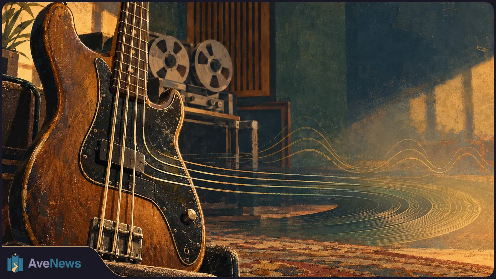 A weathered electric bass stands before a reel-to-reel tape recorder in a warmly lit studio, with golden lines flowing from its strings. SI illustration