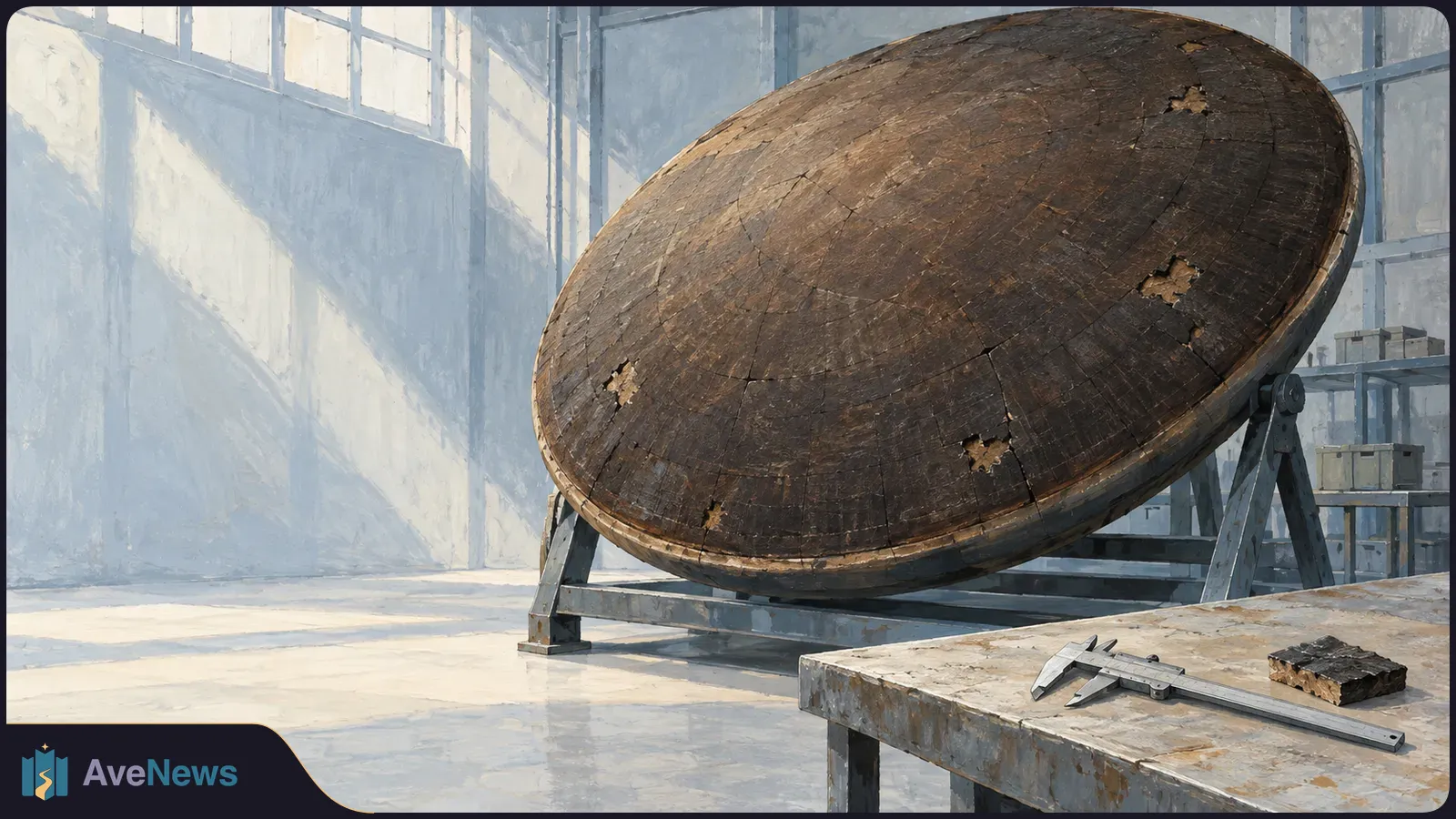 A large, tilted heat shield with cracks and small missing patches rests on a metal stand in a bright workshop. A caliper and dark material sample lie on a table in front. SI illustration