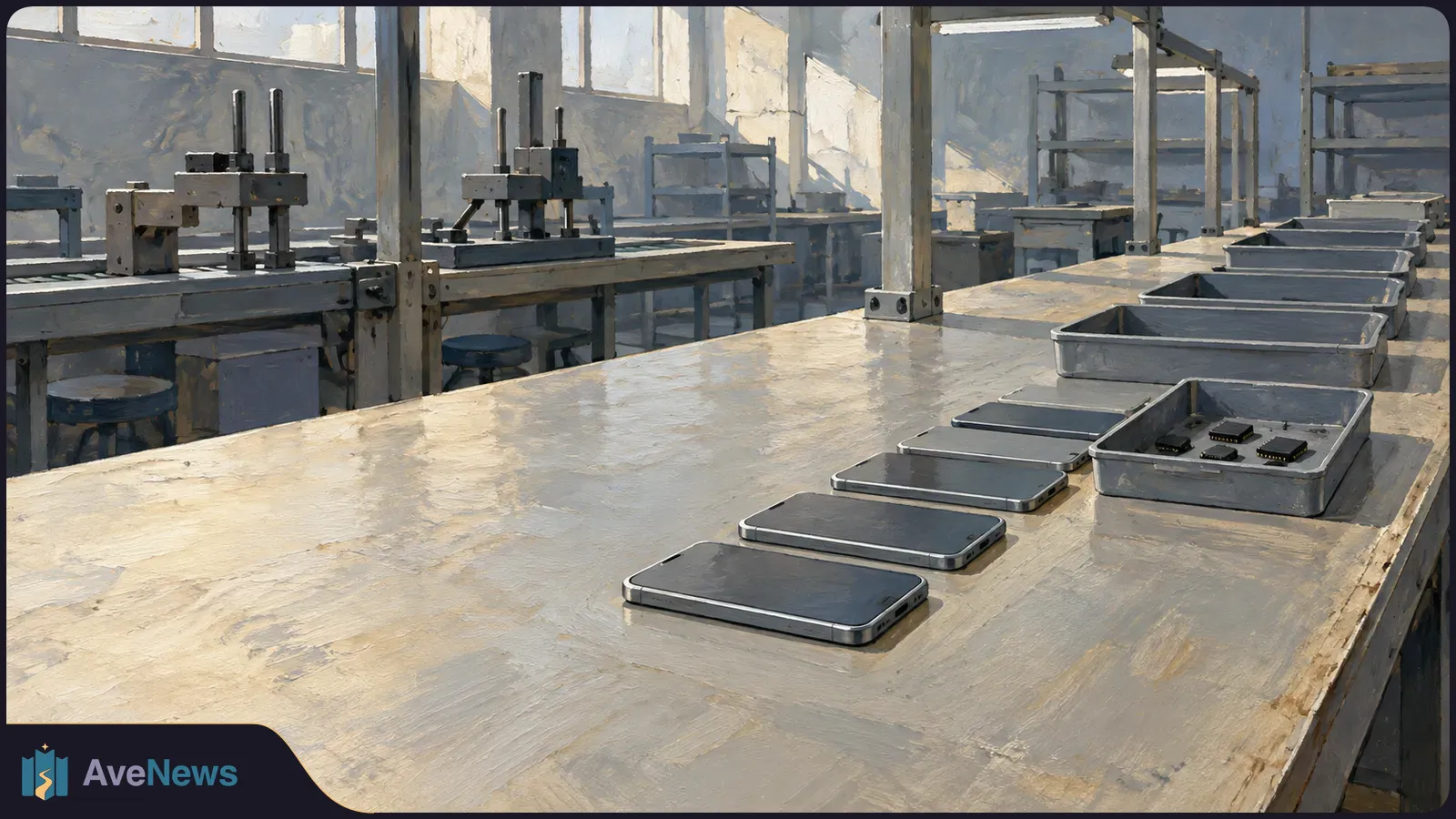A painted factory scene shows a few dark-screen smartphones and trays on a long workbench, with small components in one tray and machinery behind. SI illustration