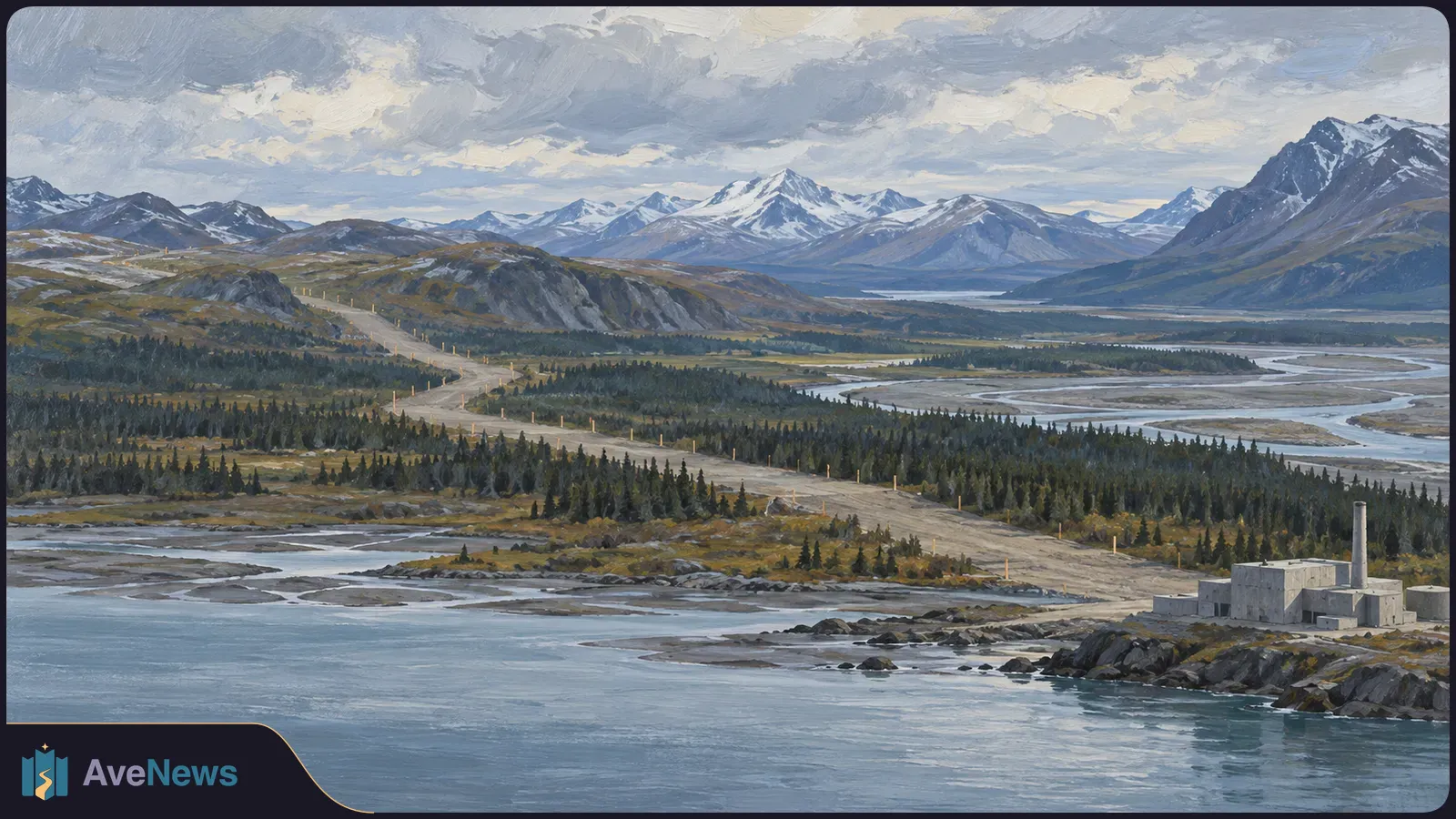 Painted landscape with a winding route marked by poles, forests, braided waterways and snowy mountains; a small industrial building stands by the shore. SI illustration