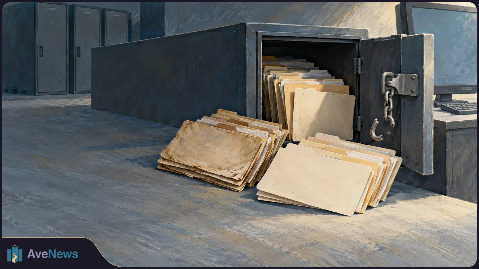 Illustration of an open metal cabinet with folders inside and two stacks of folders on the floor. Lockers and a computer sit in the background. SI illustration
