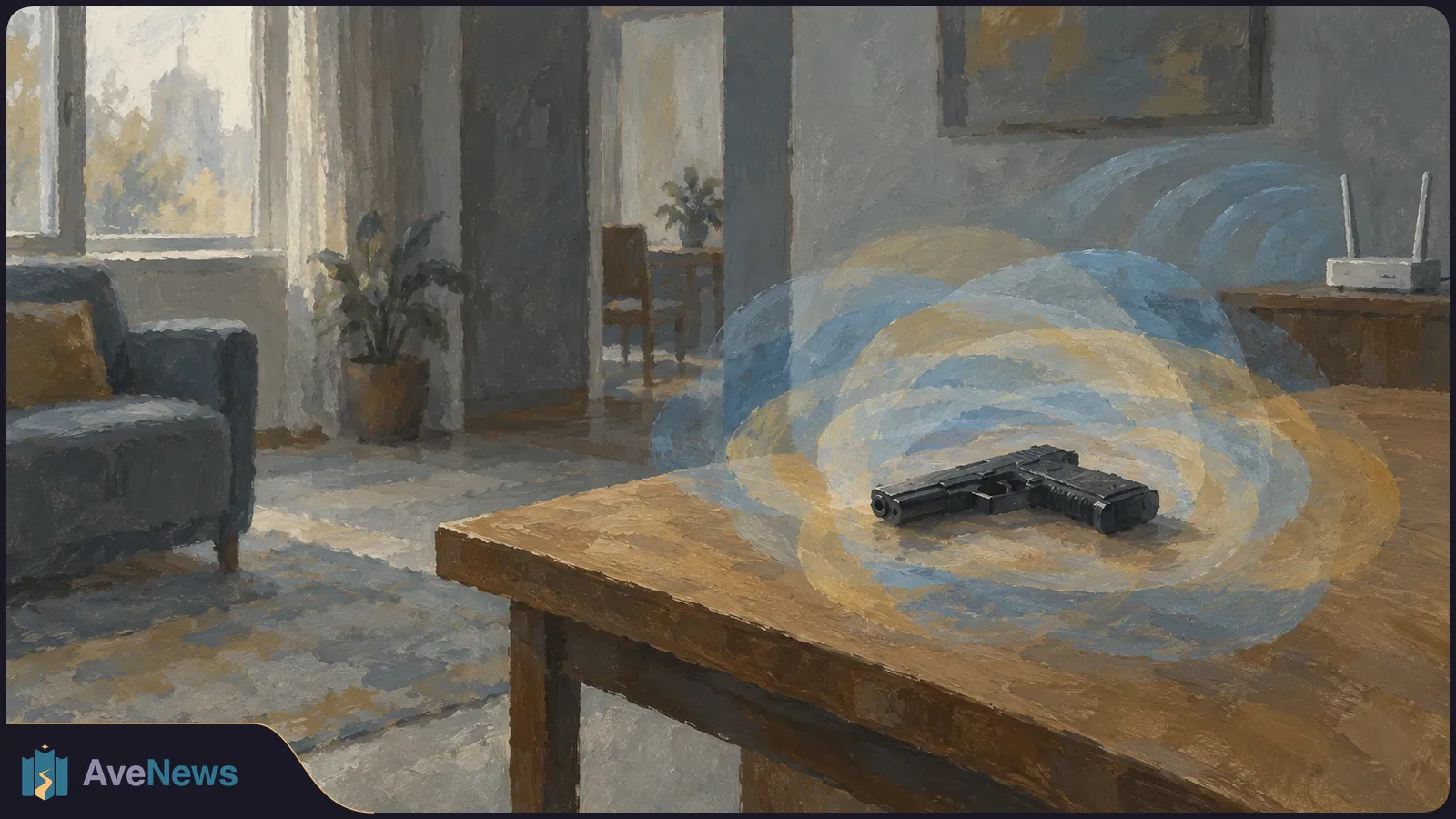 Painterly indoor scene with a black handgun on a wooden table, blue and gold wave-like rings around it, and a router on a cabinet. SI illustration