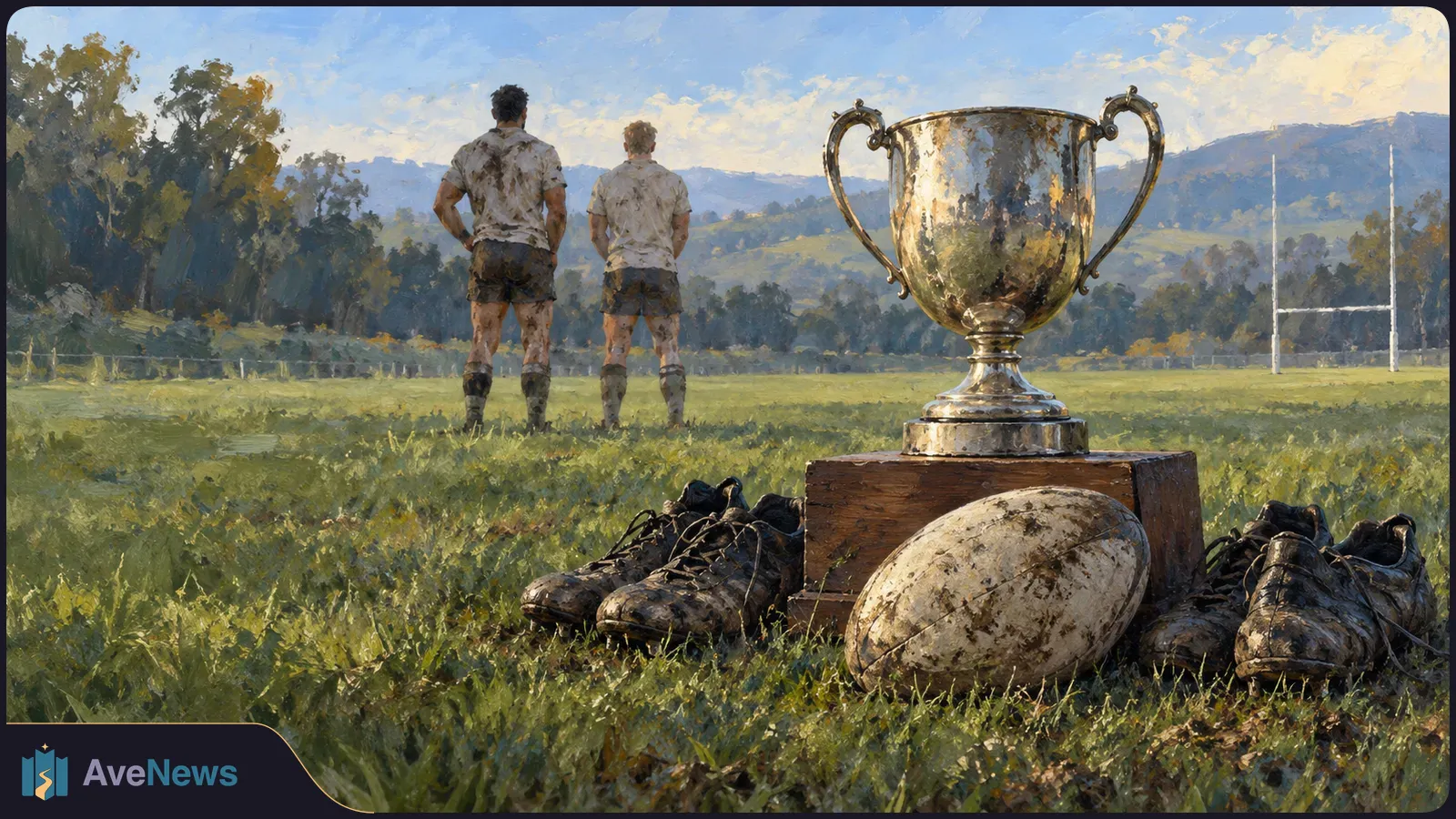 Painterly rugby field with two muddy players seen from behind. A trophy, ball and boots sit in the foreground, with goalposts in the distance. SI illustration