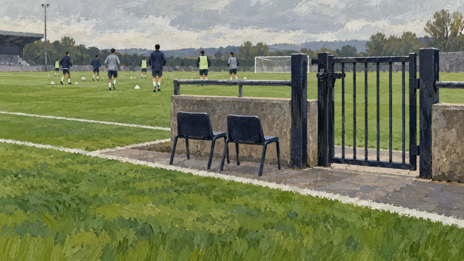 A painted football training ground with players, cones and a goal in the distance; two empty chairs sit beside a closed gate in the foreground. SI illustration