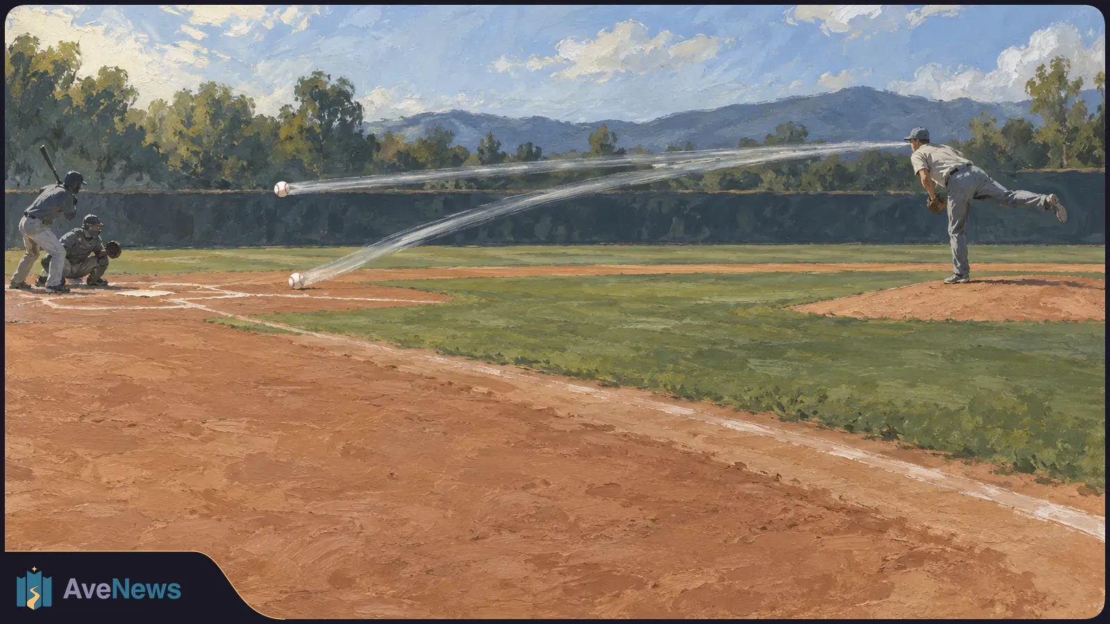 Painted baseball scene with a pitcher on the right and a batter and catcher on the left. Two ball trails trace a high straight path and a low curving path. SI illustration