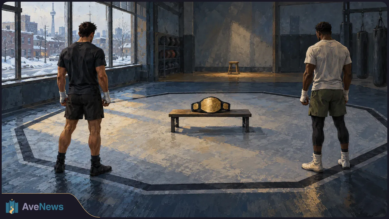 Illustration of two boxers seen from behind in a gym, facing a gold championship belt on a bench inside a marked ring. Snowy streets are visible through the windows. SI illustration