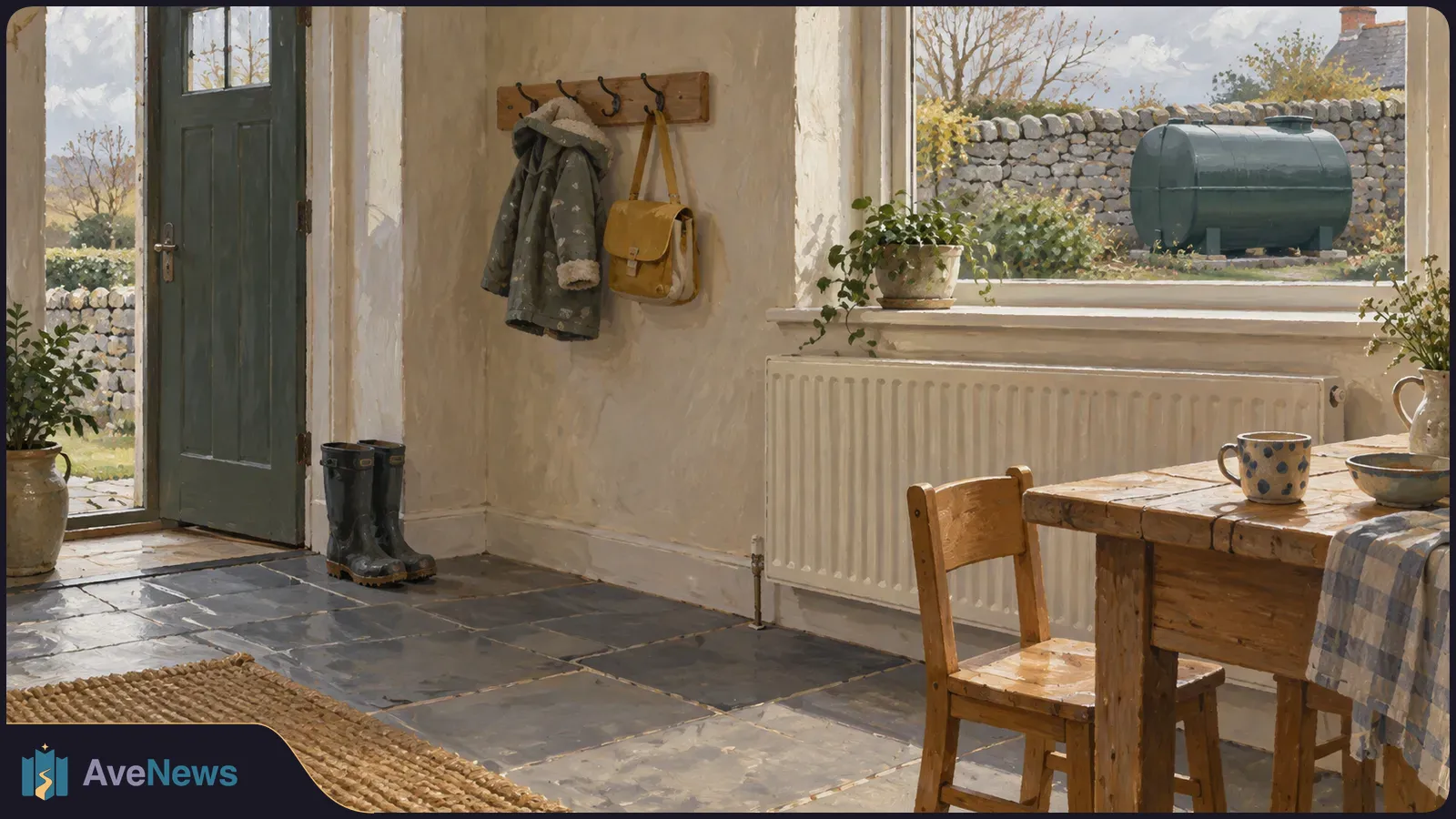 Painted cottage interior with a radiator beneath the window and a fuel tank outside; boots, a coat and a wooden table fill the room. SI illustration