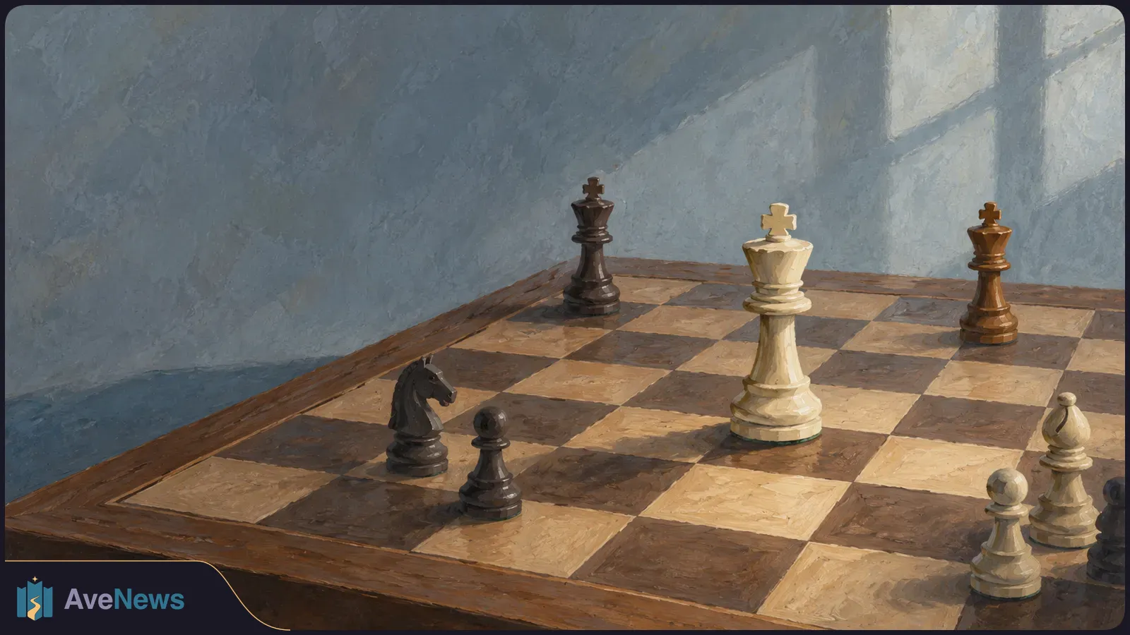 Painterly illustration of a chessboard with a white king near the center, two dark kings farther back, and several pawns and a knight in the foreground. SI illustration