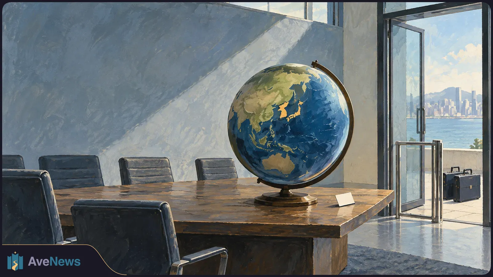 Painted meeting room with an East Asia-facing globe on a conference table. An open glass door leads to a waterfront city view; a metal gate and two briefcases sit nearby. SI illustration