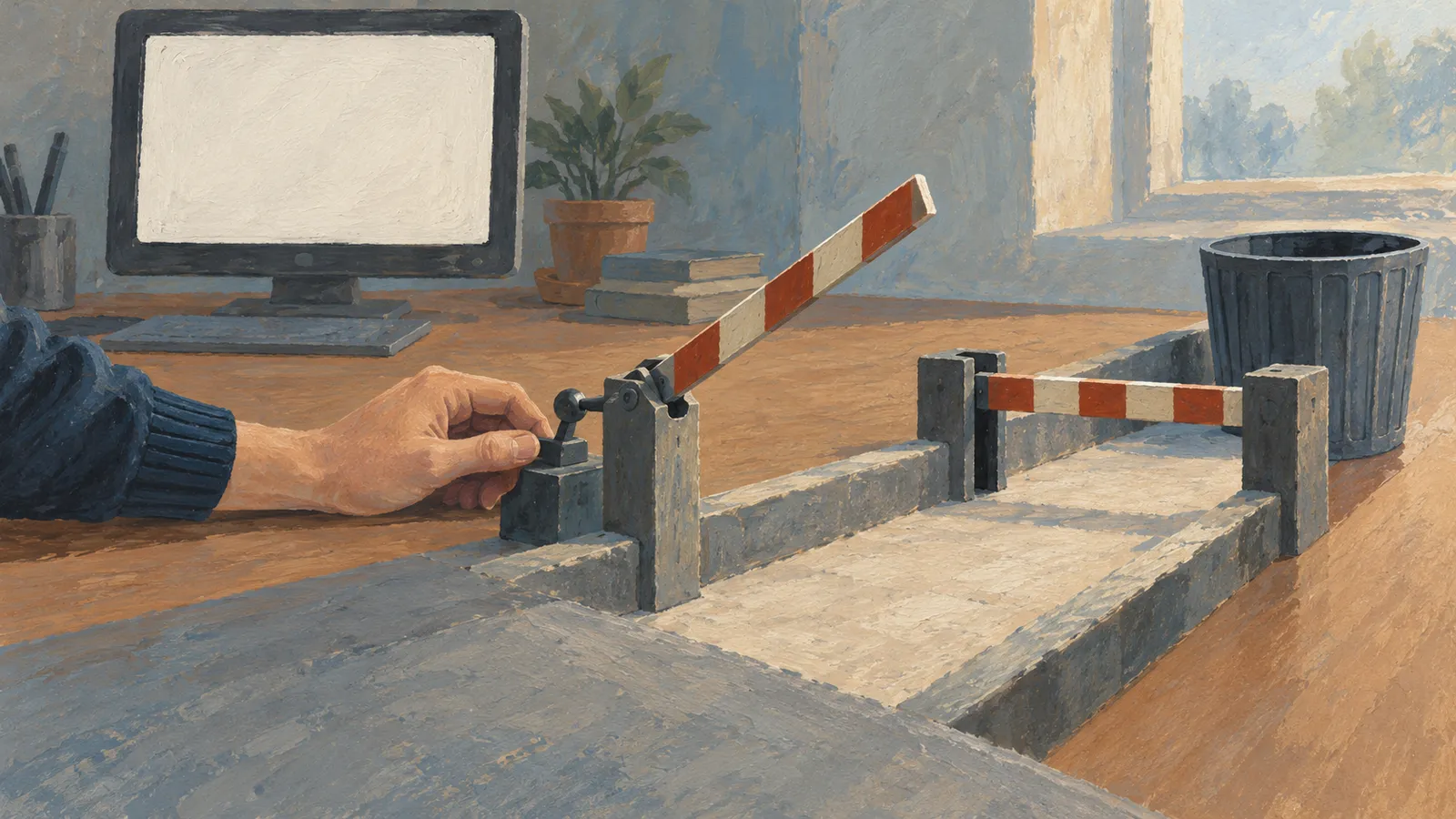 A painted illustration shows a hand at a lever beside a miniature lane with two striped barriers, one raised and one lowered. A blank monitor and wastebasket sit on the desk. SI illustration
