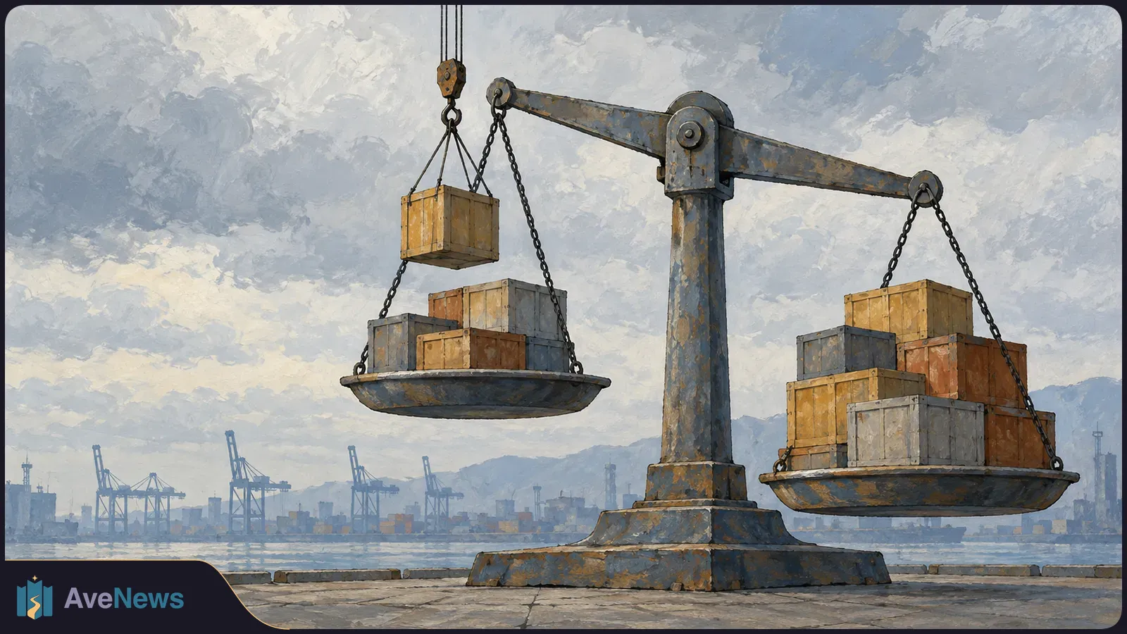 Painterly illustration of a large balance scale at a port, with crates on both pans and one crate hanging above the raised left pan; cranes and water in the background. SI illustration