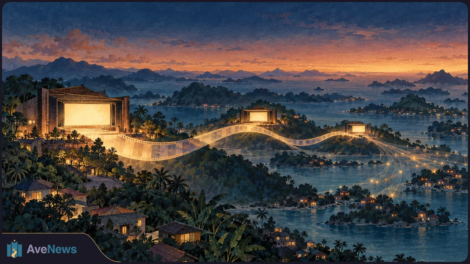 At sunset, three glowing cinema screens on lush islands are linked by a winding filmstrip and light trails over water. SI illustration