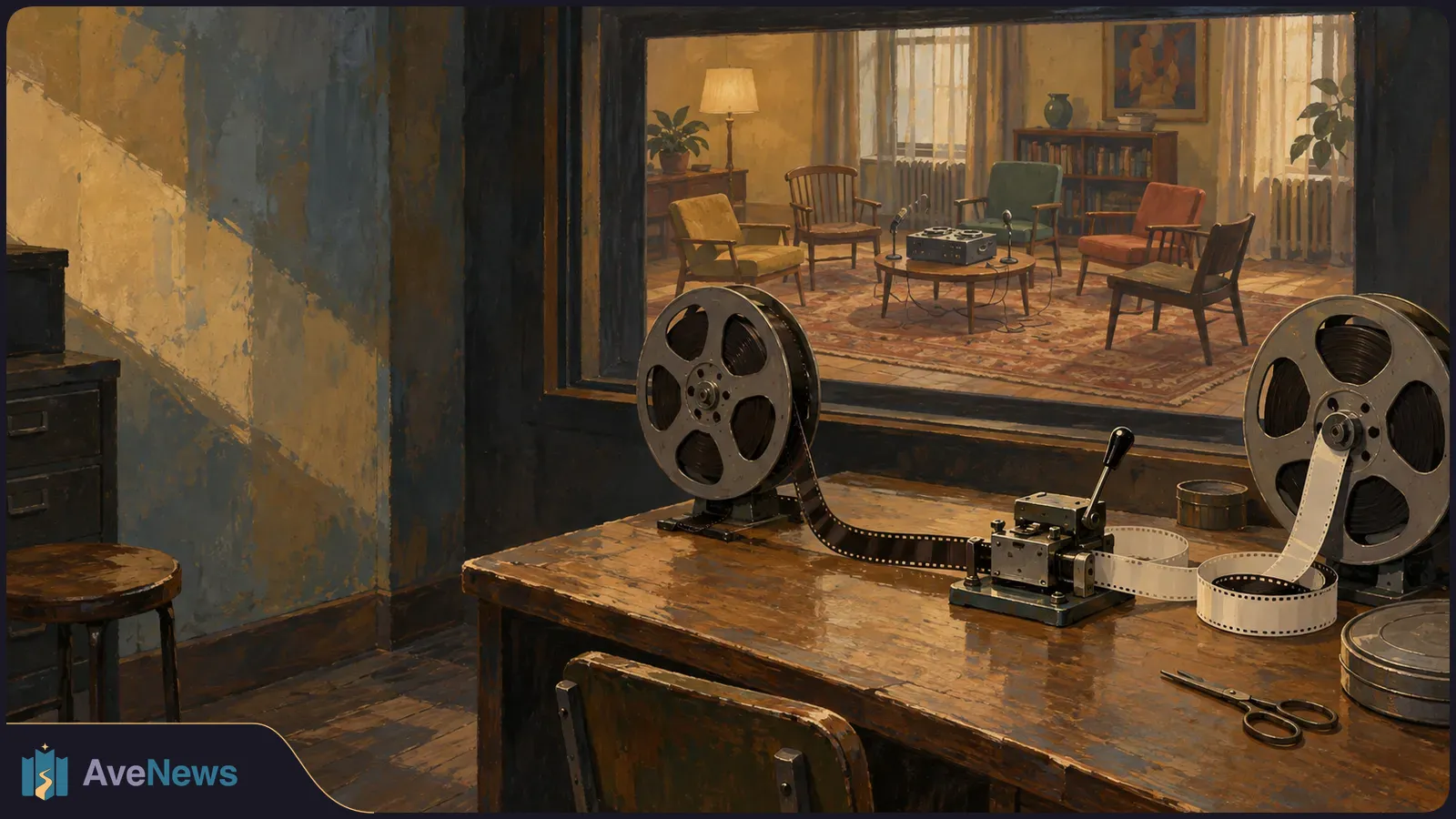 A painted room with two large film reels and loose film on a wooden table. Through a window, empty chairs surround a recorder and microphones. SI illustration