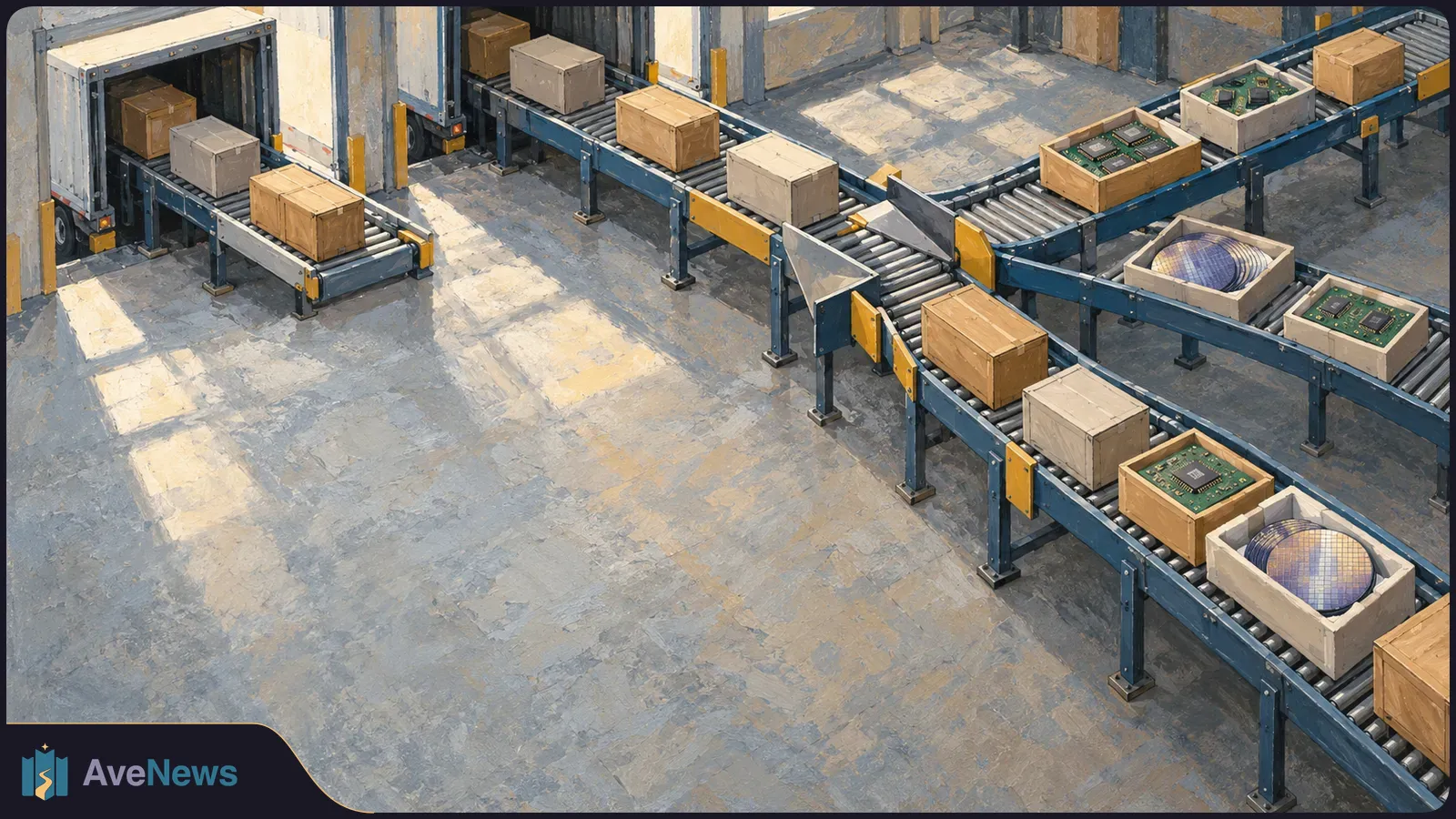 Painted overhead view of warehouse conveyors carrying plain boxes, trays of chips and silicon wafers toward loading bays. SI illustration