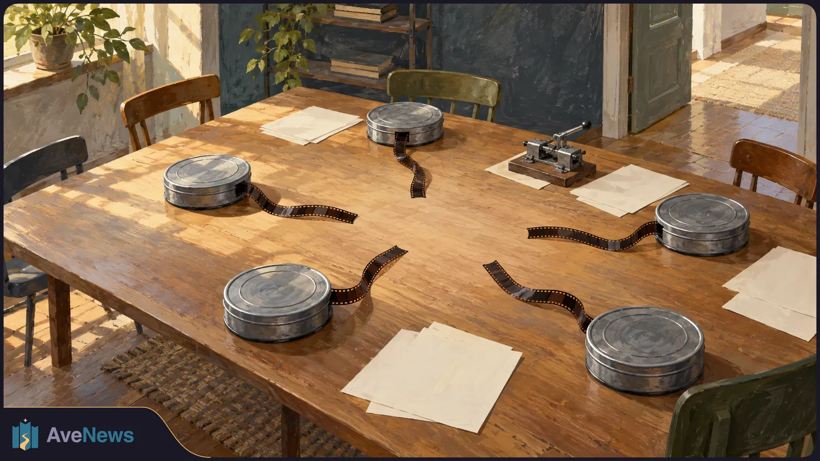 A painted scene of five film reels and loose film strips spread across a sunlit wooden table, with blank papers and a small editing device. SI illustration