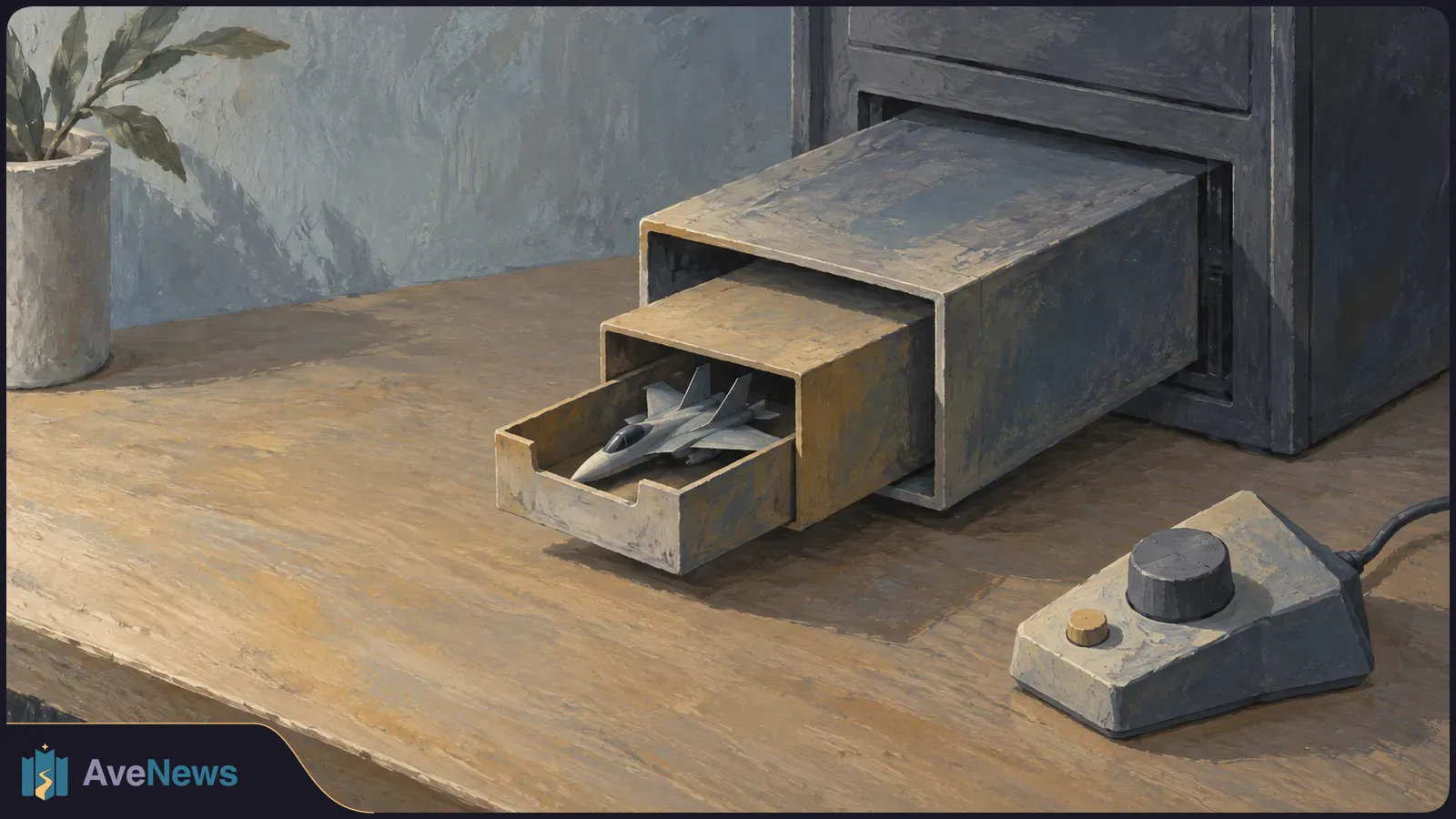 Painted illustration of nested drawers extending from a dark computer-like box. A small fighter jet sits in the innermost drawer, and a wired control box rests on the desk. SI illustration