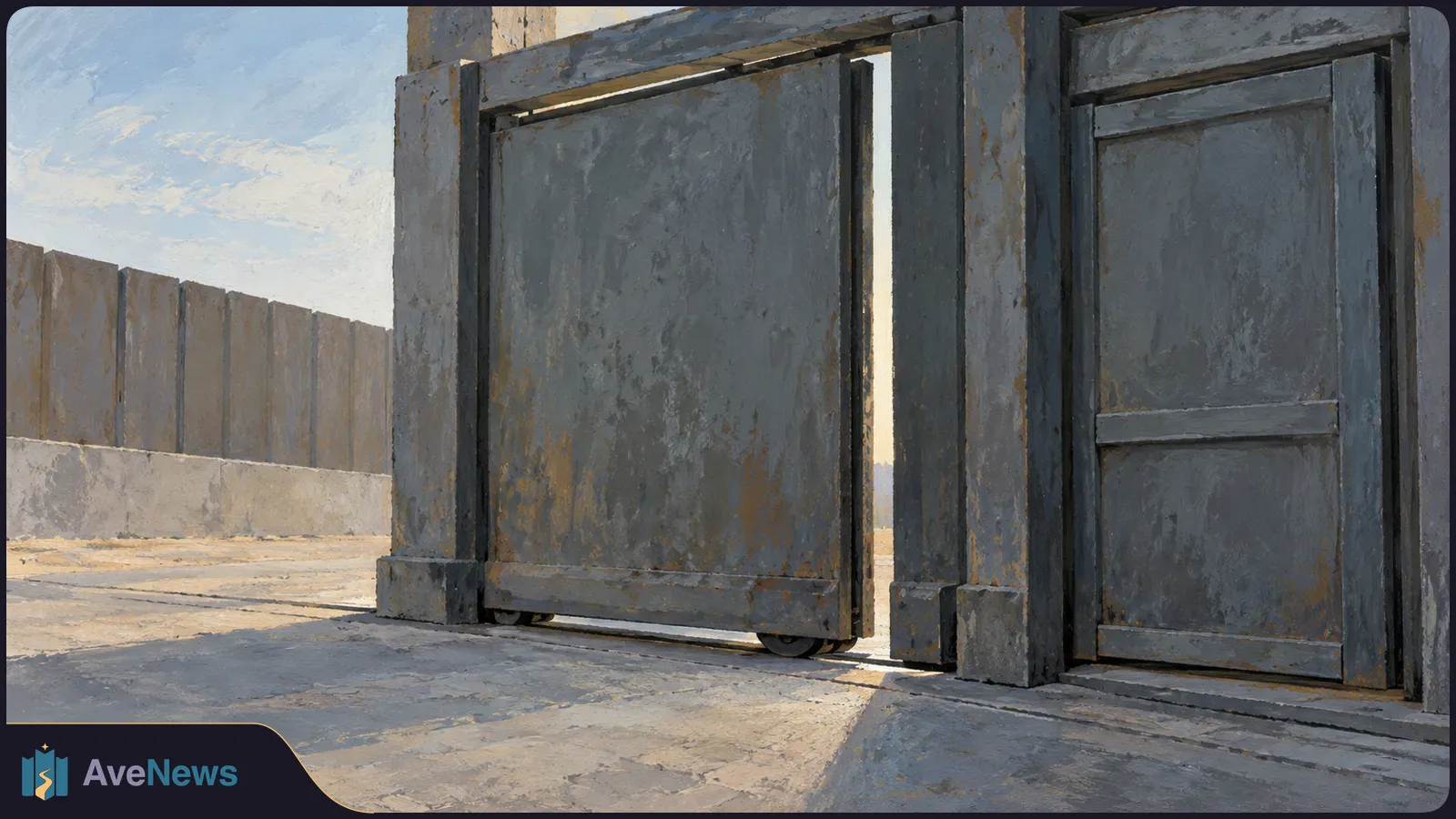 A painted view of a large dark metal gate, slightly ajar beside a smaller closed door, with a concrete path and tall fence under a blue sky. SI illustration