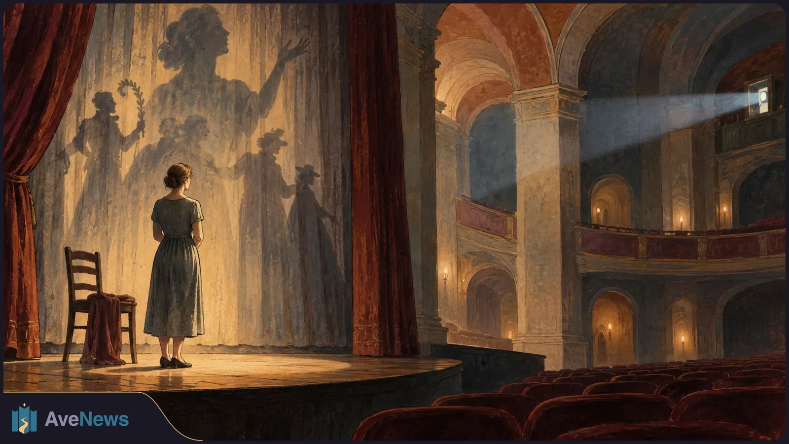 A woman stands alone on a theater stage beside a chair, facing large shadowy figures on a curtain. Empty red seats and ornate balconies fill the hall. SI illustration