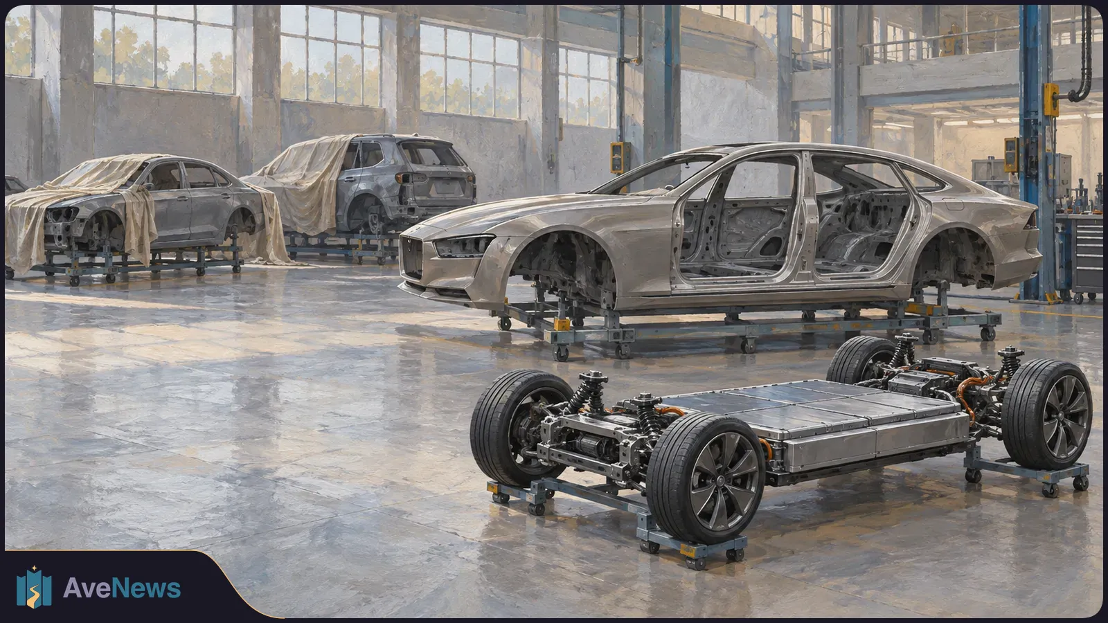 In a sunlit vehicle workshop, a battery-equipped chassis on wheels sits before a bare four-door car body. Two more stripped car bodies stand behind it, partly draped in cloth. SI illustration