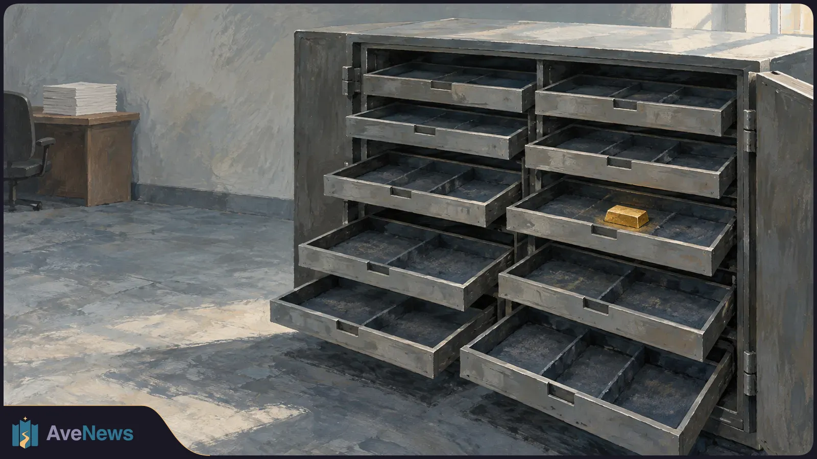 Painterly illustration of an open metal cabinet with mostly empty pull-out trays and one gold bar. A desk with a stack of papers and an office chair sit to the left. SI illustration