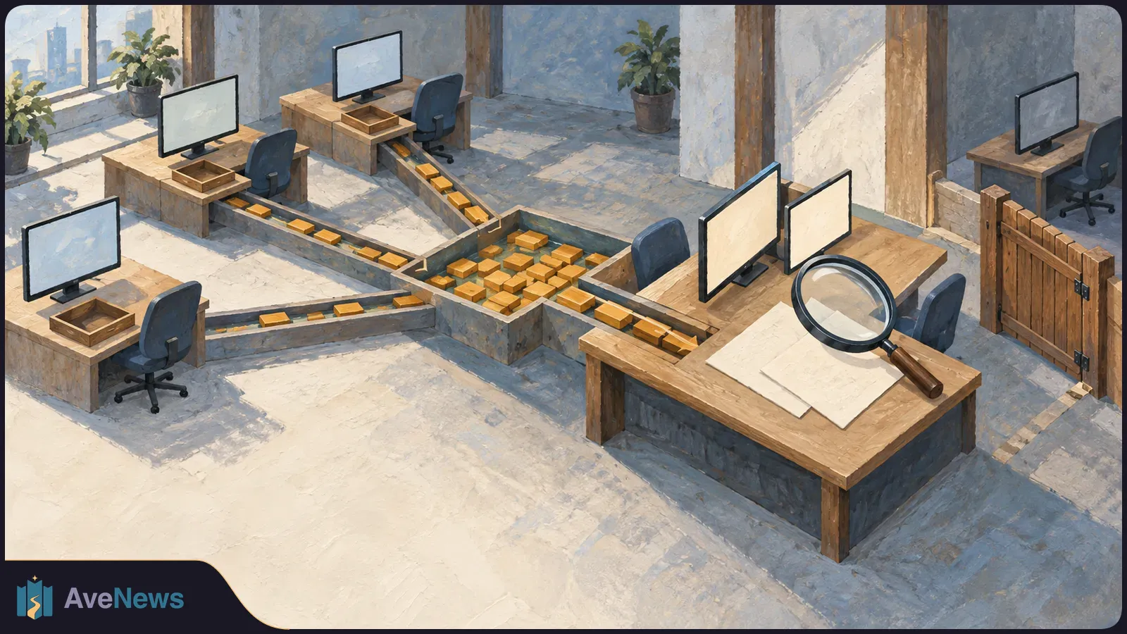 Painted office scene with empty computer desks, conveyor belts carrying yellow blocks into a shared bin, and a magnifying glass over blank papers. SI illustration