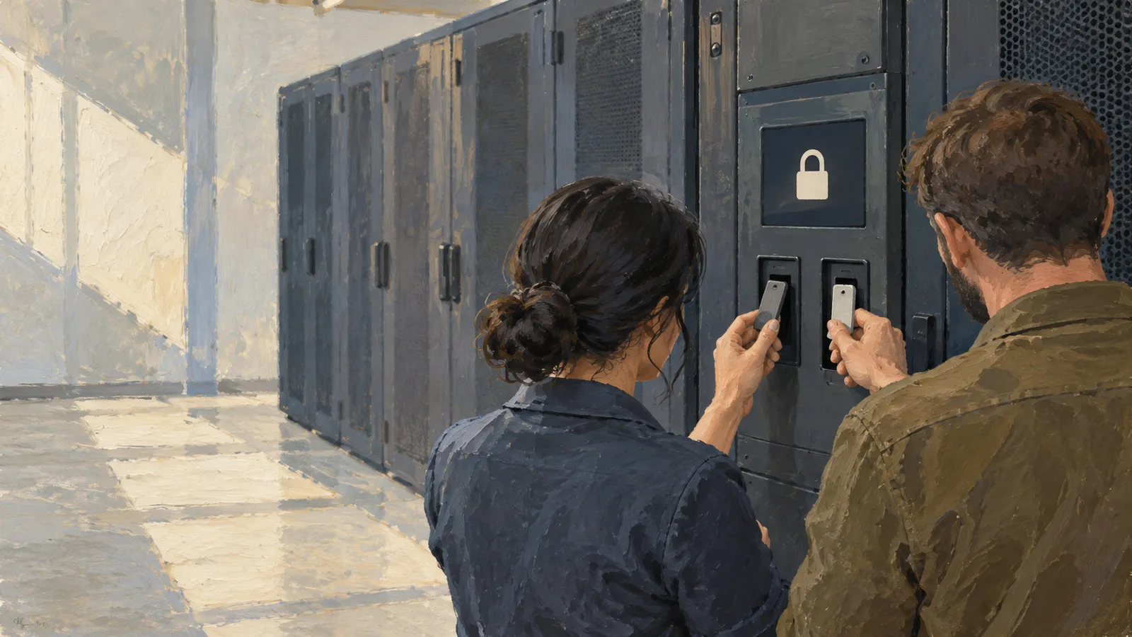 Նկարչական պատկերում երկու մարդ փոքր սարքեր են պահում սերվերային մուգ պահարանների վահանակներին։ Նրանց վերևում գտնվող էկրանին փակ կողպեք է պատկերված։ ԳԲ նկարազարդում