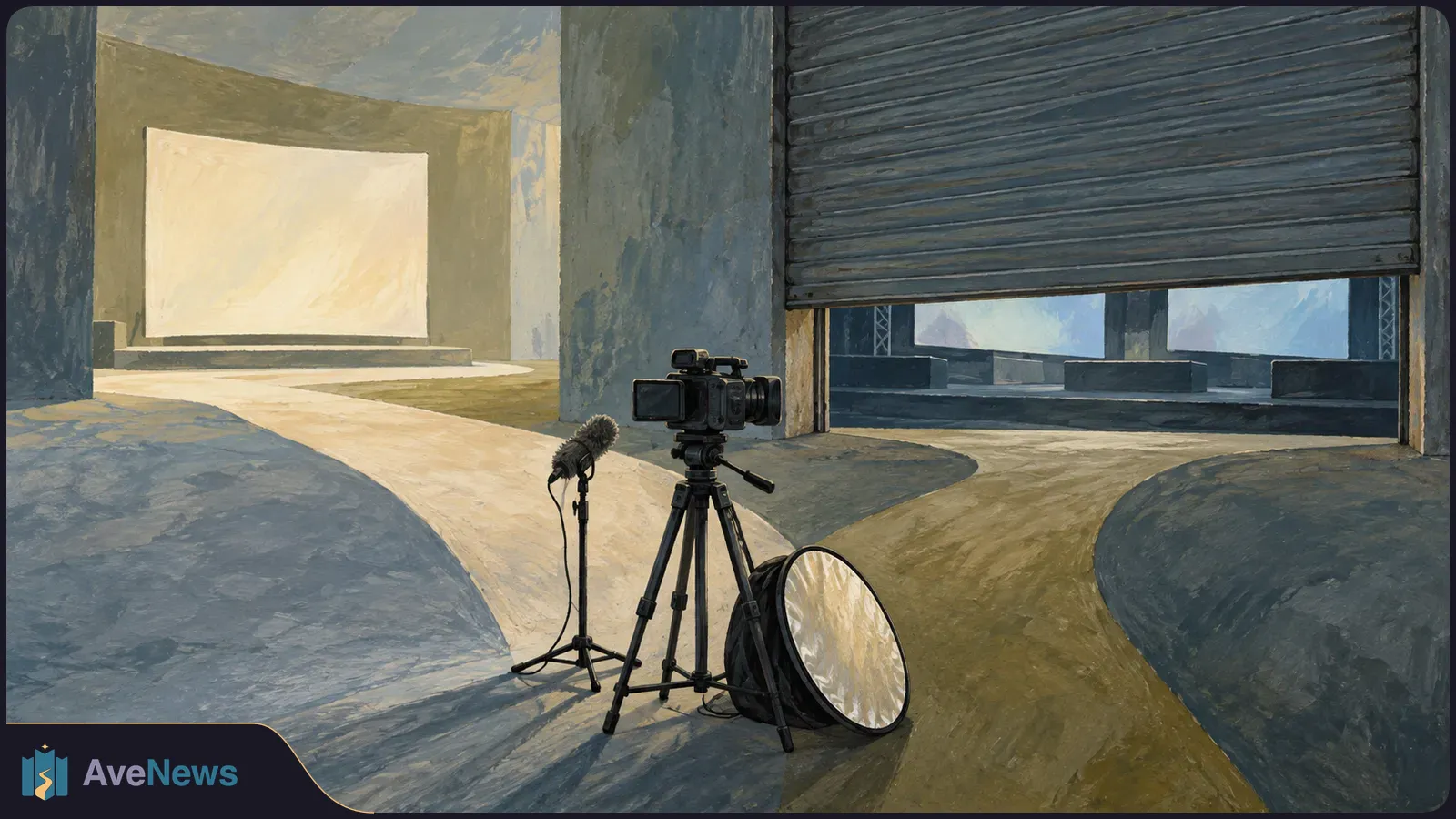 Painterly illustration of a video camera on a tripod, a microphone and a reflector in an empty studio with a partly lowered roller shutter. SI illustration