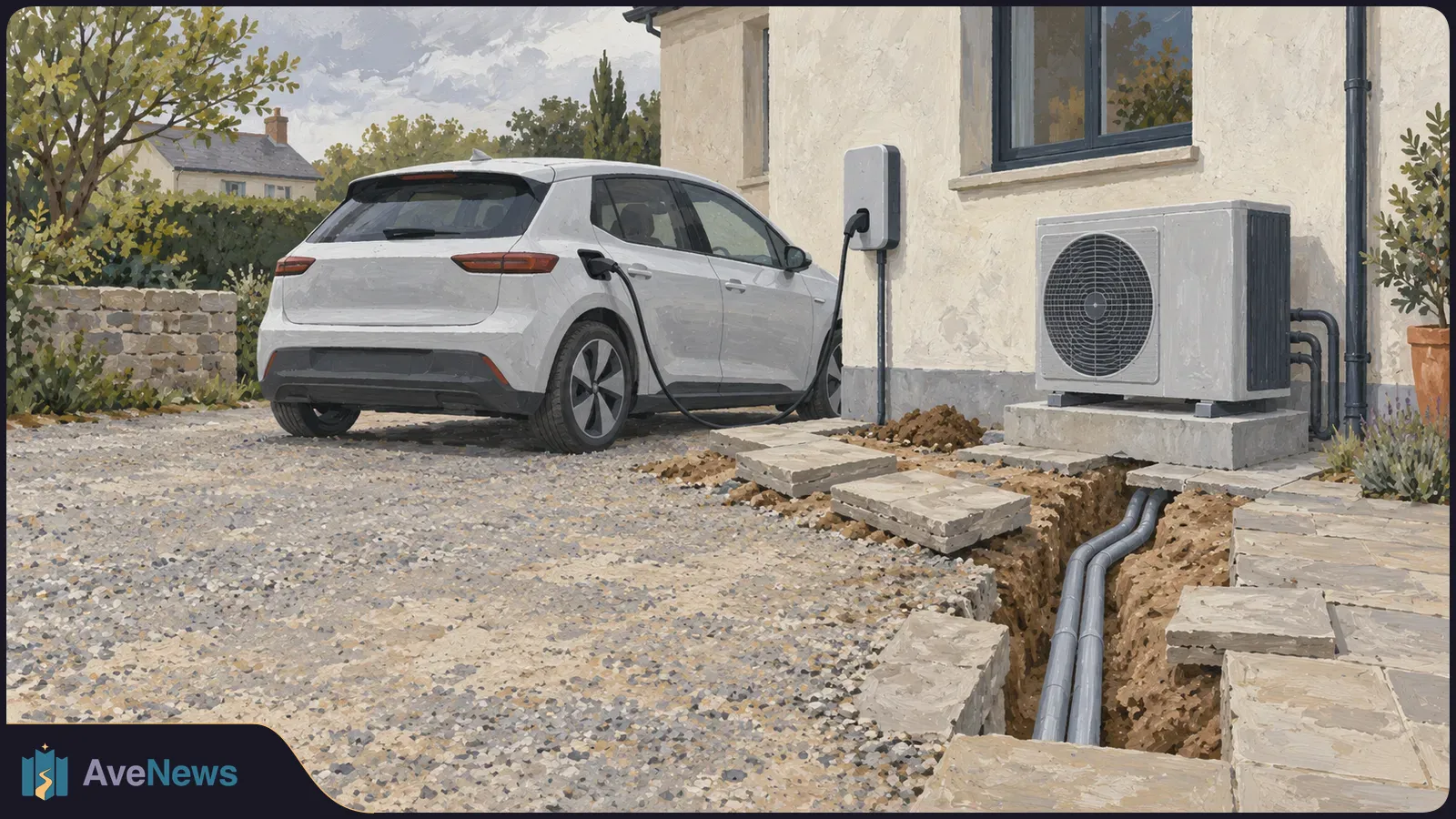 A white electric car is plugged into a home charger beside an outdoor heat pump. Pipes run through an open trench in the driveway. SI illustration