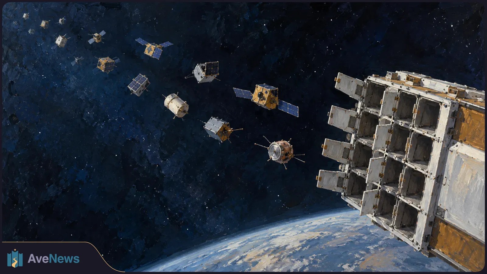 Illustration of small satellites floating away from an open deployment rack above Earth, against a dark, star-speckled background. SI illustration