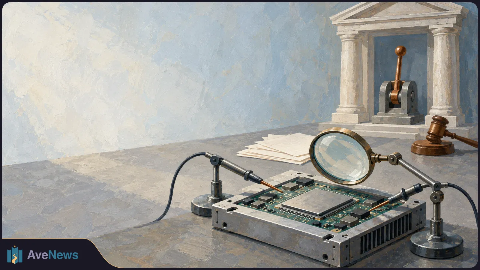 Painted illustration of a circuit board examined with probes and a magnifying glass, with papers, a gavel and a columned structure holding a lever behind it. SI illustration