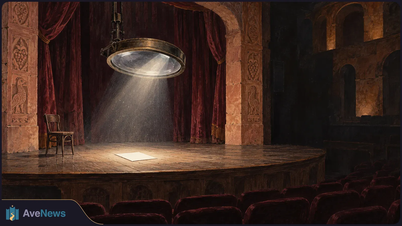 An empty theater stage with a wooden chair and a blank sheet of paper beneath a large hanging spotlight; red curtains and dark audience seats surround it. SI illustration