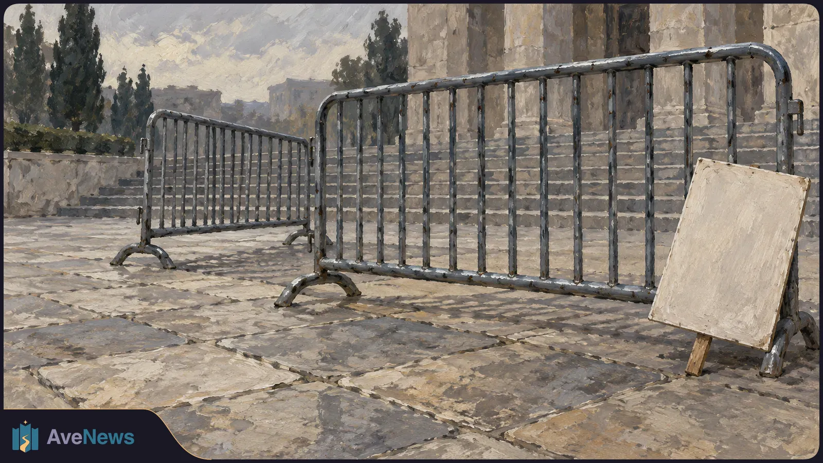Painterly view of two metal crowd-control barriers on a stone plaza, with a blank sign leaning against one; steps, trees and a building behind them. SI illustration