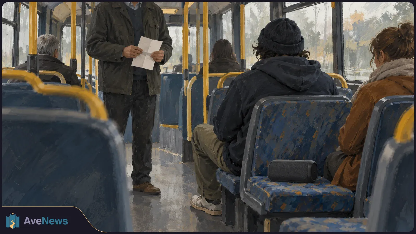 Illustration of a bus interior with seated passengers, a standing man holding a folded white paper, and a small black speaker on an empty seat. SI illustration