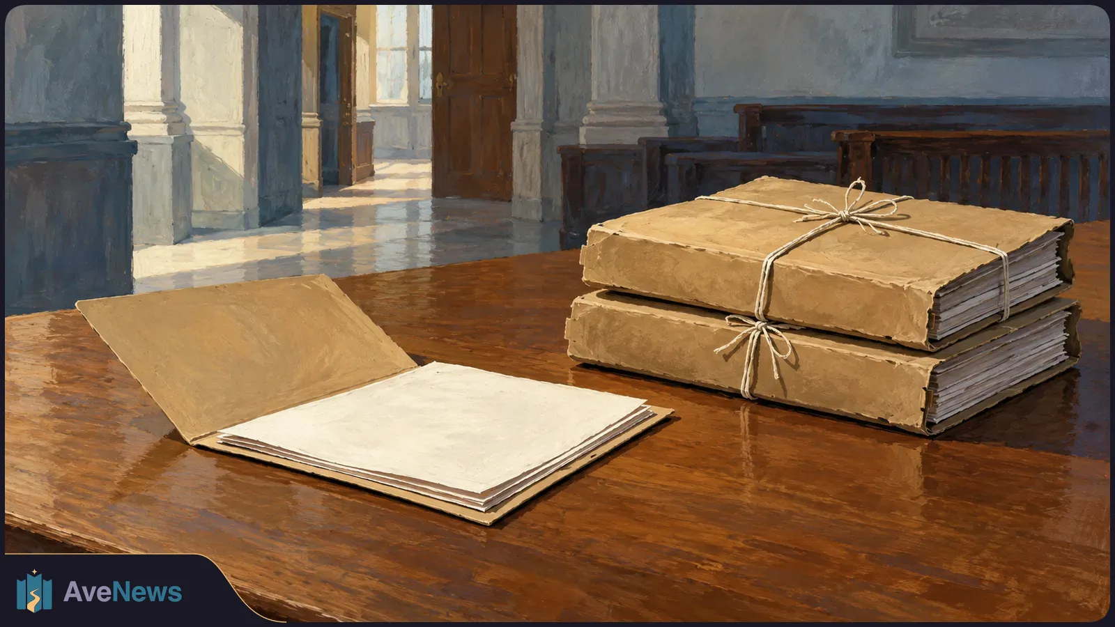 An open folder with blank pages and two string-tied stacks of papers sit on a wooden table in a sunlit room with benches and columns. SI illustration
