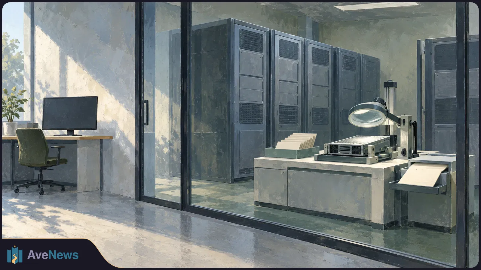 Painted view through glass into a room of gray server racks. A dark monitor and chair sit outside; equipment and a stack of blank papers sit inside. SI illustration
