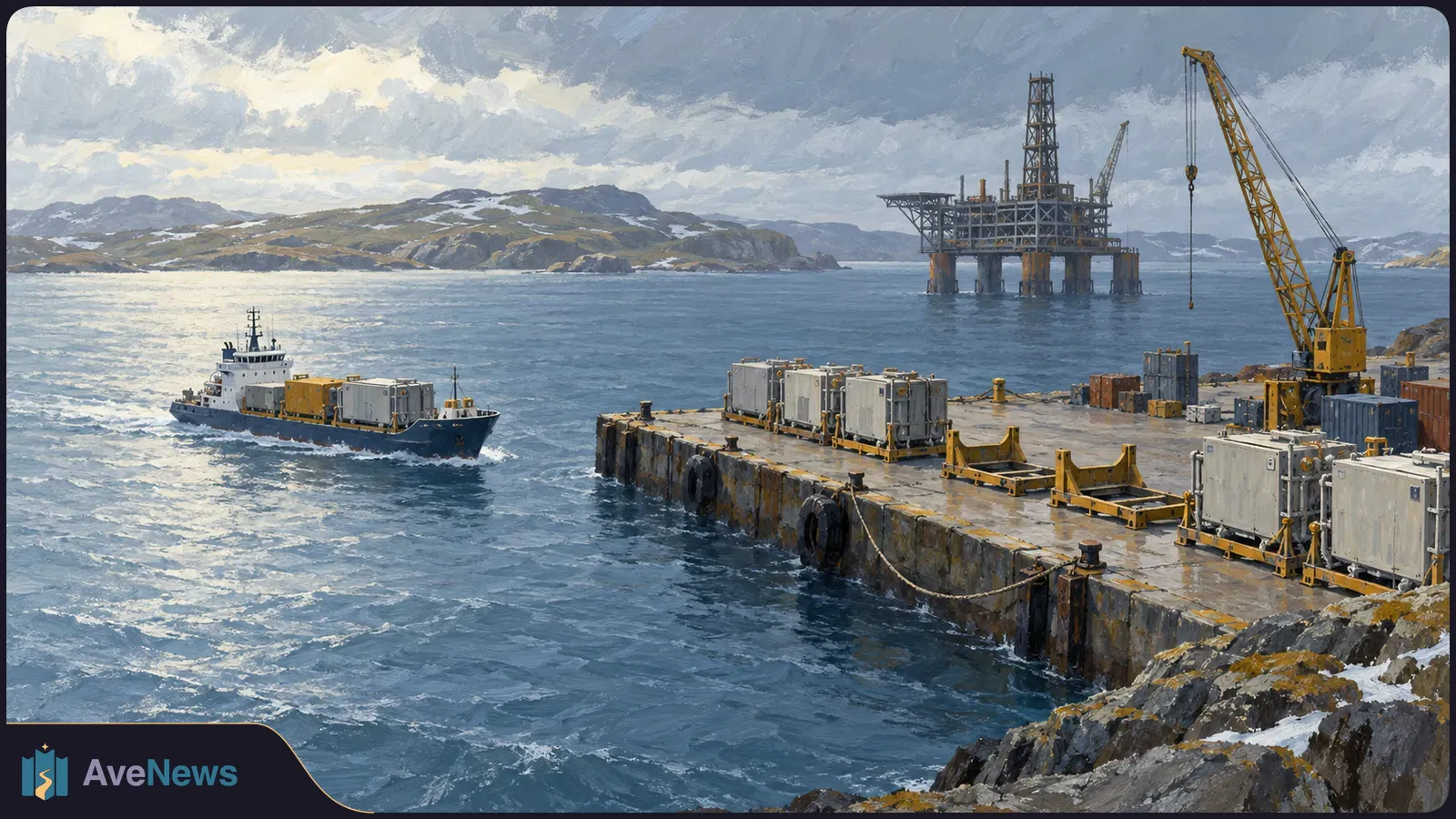 Painted coastal oil terminal with a supply boat approaching a cargo-lined pier, a crane on shore and an offshore platform beyond the water. SI illustration
