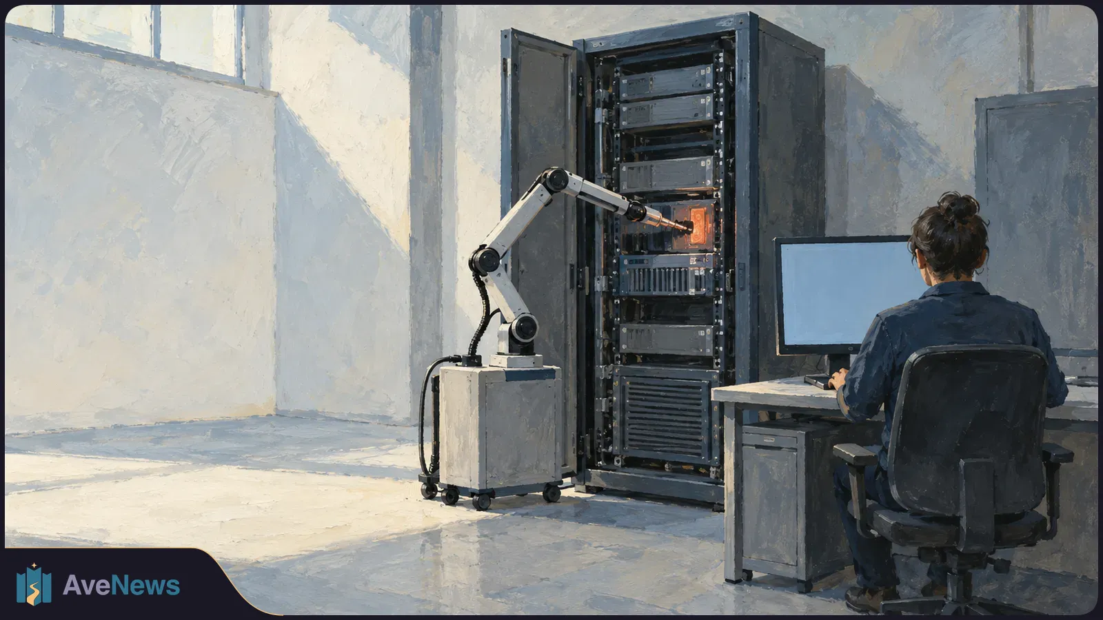 Painterly illustration of a robotic arm pointing at a glowing orange component in an open server rack while a seated person faces a blank monitor. SI illustration